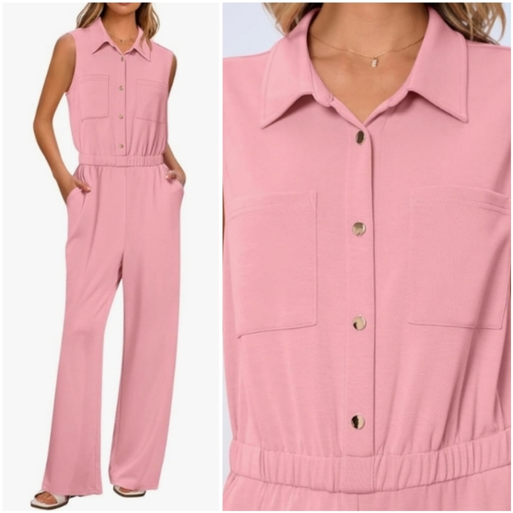 NWT Merokeety Light Pink Cargo Collared Button Sleeveless Romper Jumpsuit M
